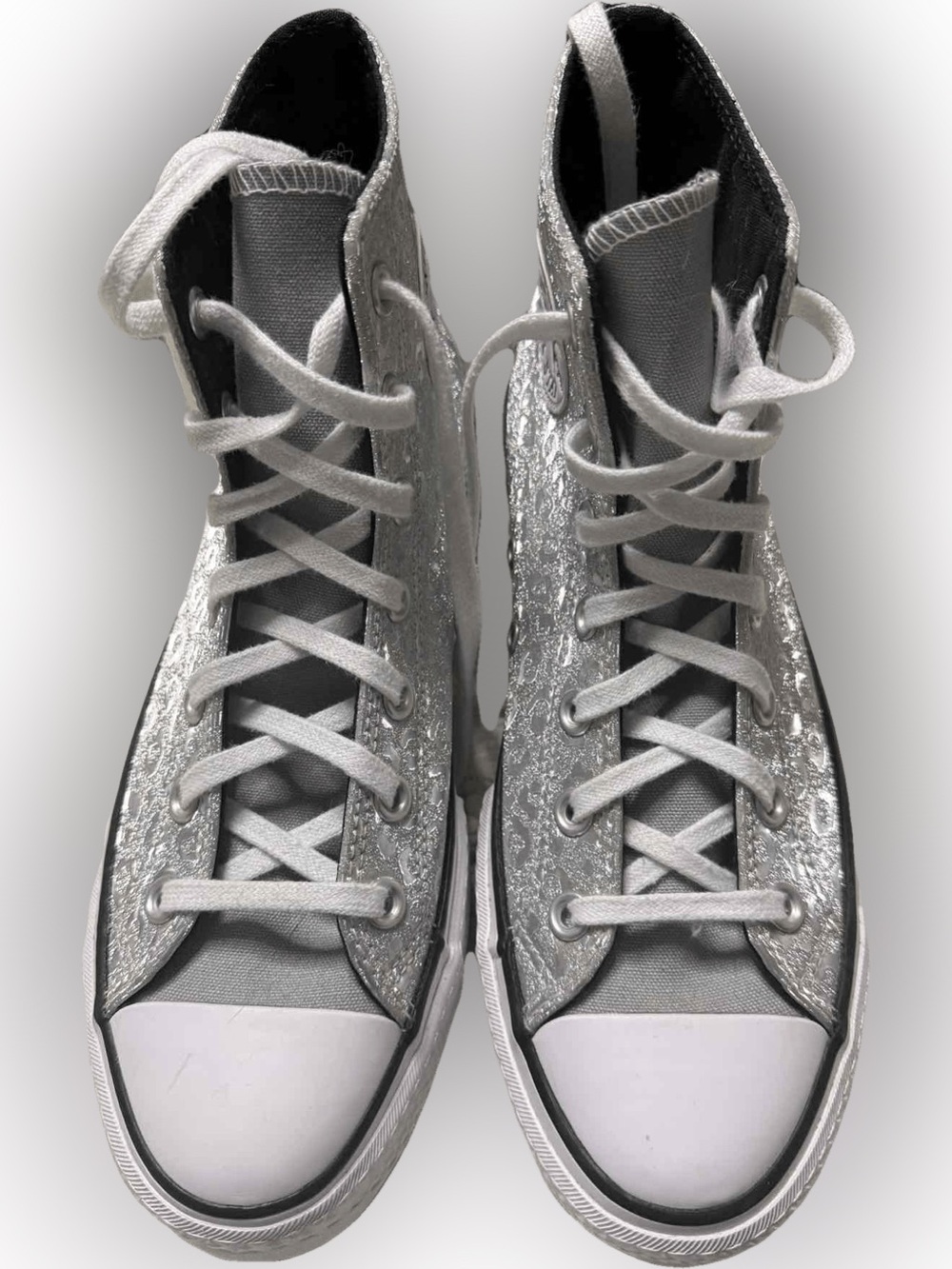 Converse Chuck Taylor All Star High Top Sneakers in Silver Glitter Leopard Print - Picture 2 of 5